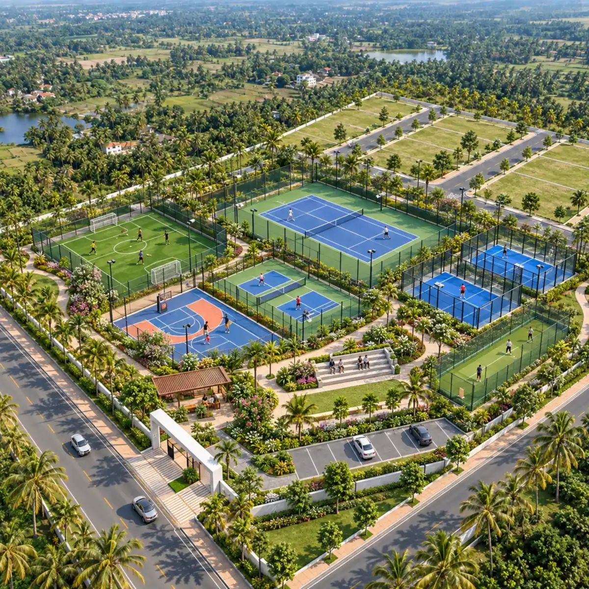 Assetz City of Palms outdoor sports courts - padel, pickleball, tennis, futsal and basketball